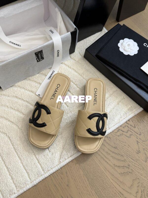 Replica Chanel Vintage CC Quilted Cambon Slide Sandals in Beige Leather 6