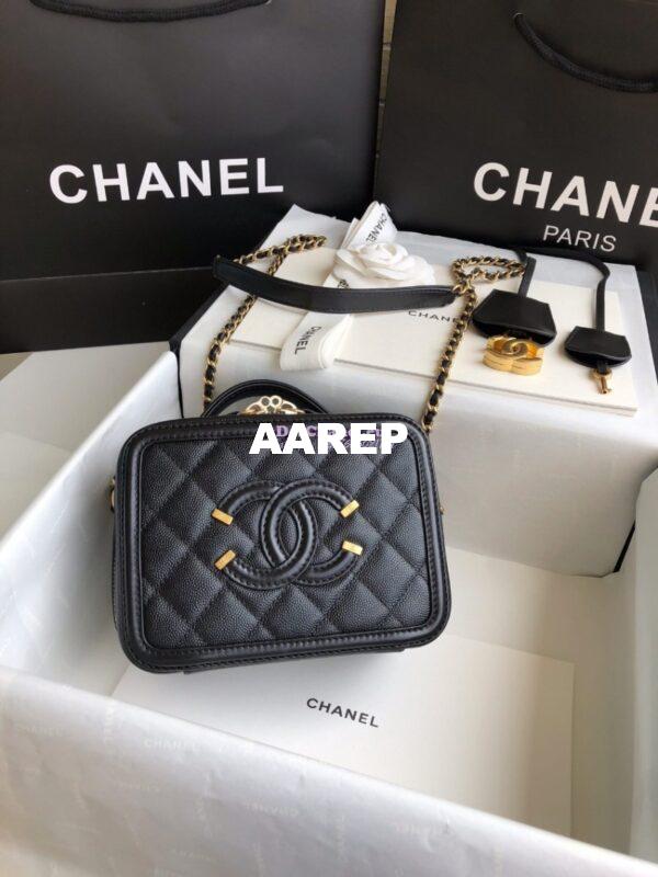 Replica Chanel CC Filigree Vanity Case in Tiny Grainy Calfskin A93343 Black 10