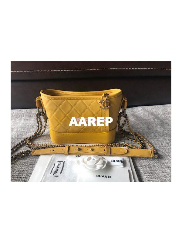Replica Chanel's Gabrielle Hobo Bag Goatskin, Patent Goatskin Yellow 2