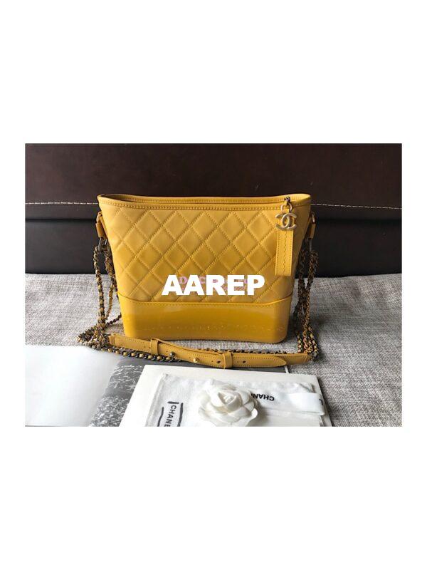 Replica Chanel's Gabrielle Hobo Bag Goatskin, Patent Goatskin Yellow 10