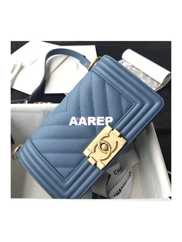 Replica Chanel Chevron Boy Flap Bag in Caviar Matte Gold Hardware Light Blue 12