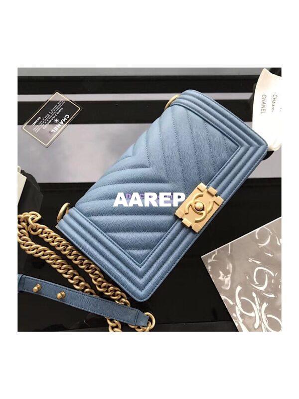 Replica Chanel Chevron Boy Flap Bag in Caviar Matte Gold Hardware Light Blue 3