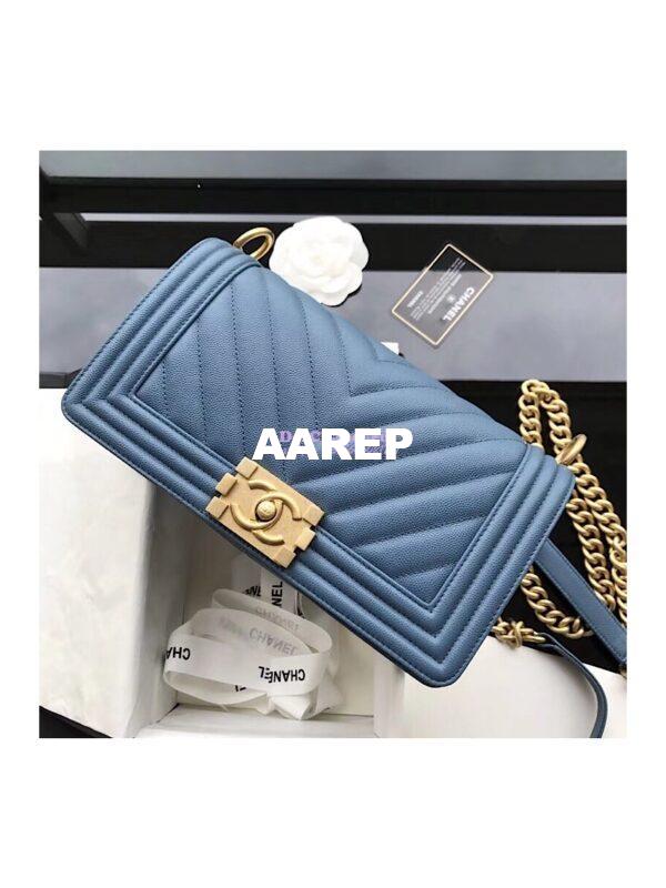 Replica Chanel Chevron Boy Flap Bag in Caviar Matte Gold Hardware Light Blue 4