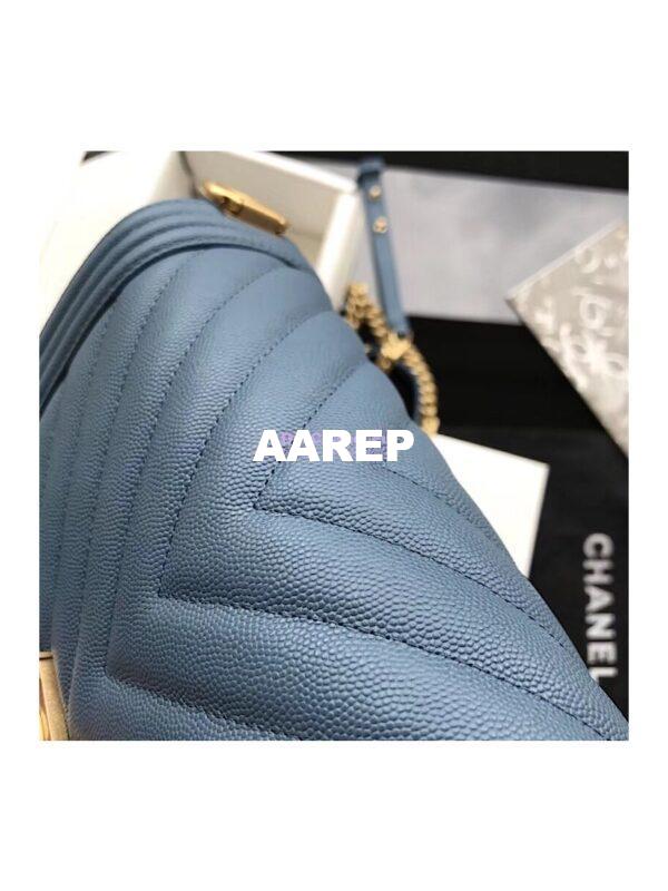 Replica Chanel Chevron Boy Flap Bag in Caviar Matte Gold Hardware Light Blue 5