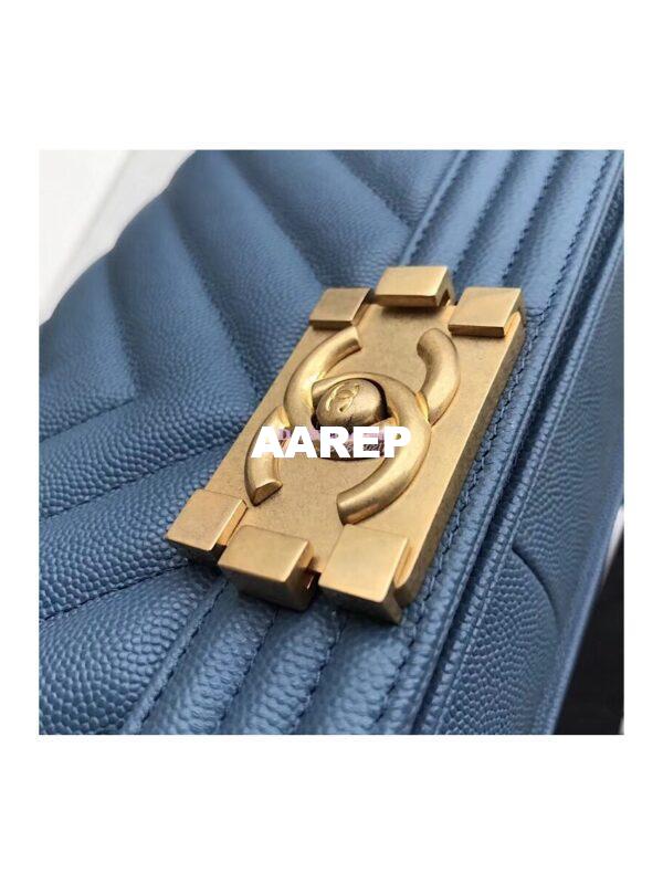 Replica Chanel Chevron Boy Flap Bag in Caviar Matte Gold Hardware Light Blue 7