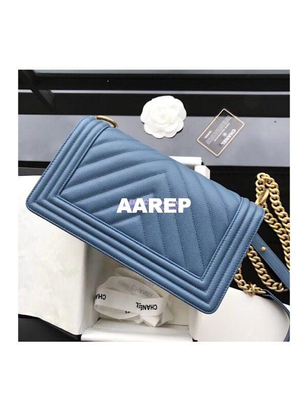 Replica Chanel Chevron Boy Flap Bag in Caviar Matte Gold Hardware Light Blue 10