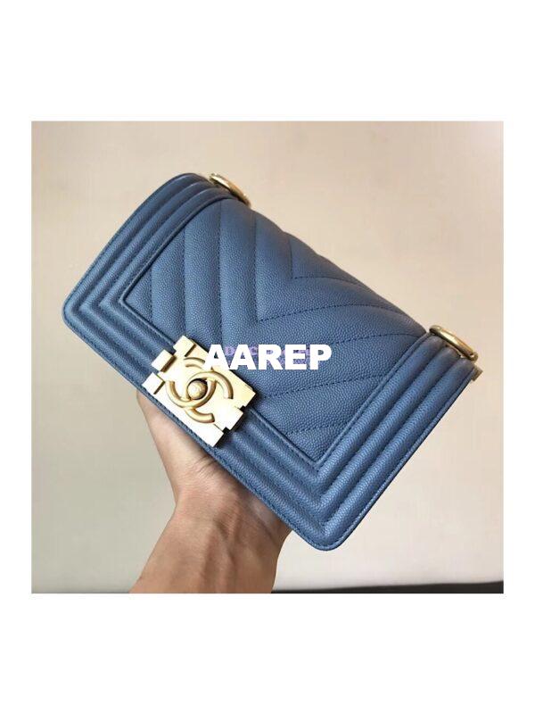 Replica Chanel Chevron Boy Flap Bag in Caviar Matte Gold Hardware Light Blue 13
