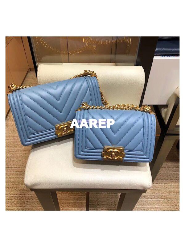 Replica Chanel Chevron Boy Flap Bag in Lambskin Light Blue Matte Gold Hardware