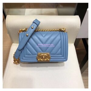 Replica Chanel Chevron Boy Flap Bag in Lambskin Light Blue Matte Gold Hardware 2