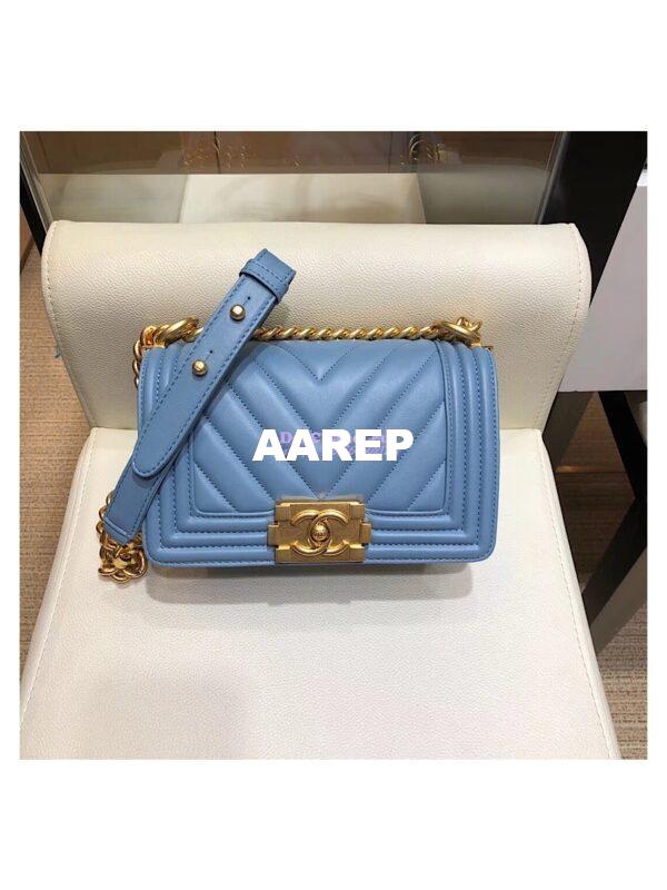 Replica Chanel Chevron Boy Flap Bag in Lambskin Light Blue Matte Gold Hardware 2