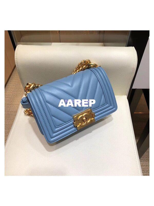 Replica Chanel Chevron Boy Flap Bag in Lambskin Light Blue Matte Gold Hardware 3