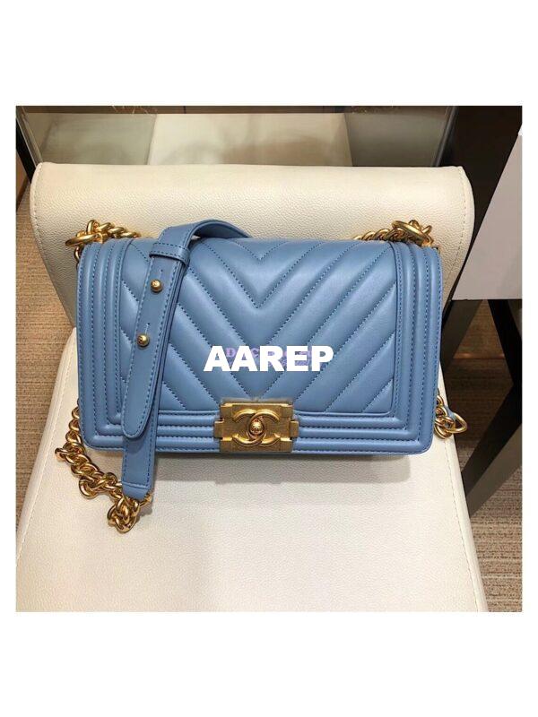 Replica Chanel Chevron Boy Flap Bag in Lambskin Light Blue Matte Gold Hardware 4
