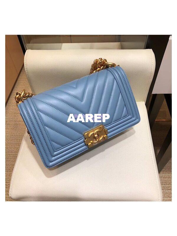 Replica Chanel Chevron Boy Flap Bag in Lambskin Light Blue Matte Gold Hardware 6