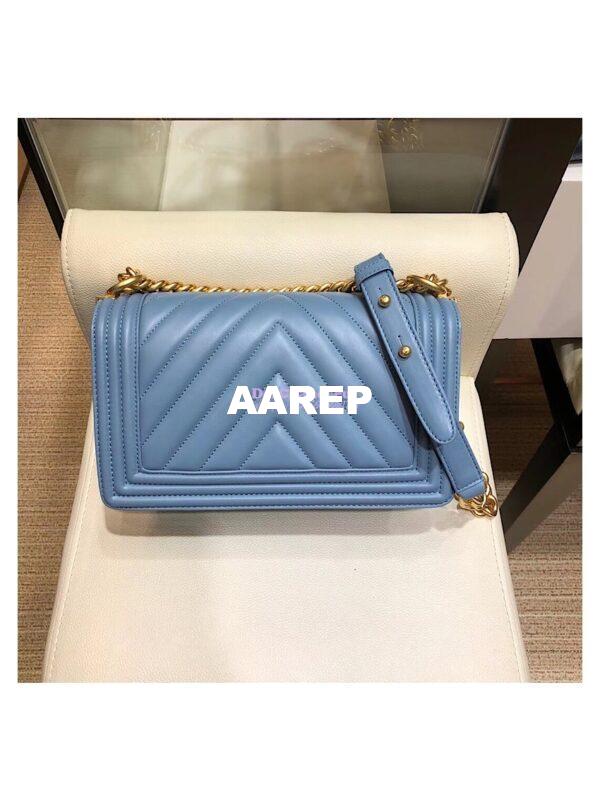 Replica Chanel Chevron Boy Flap Bag in Lambskin Light Blue Matte Gold Hardware 7