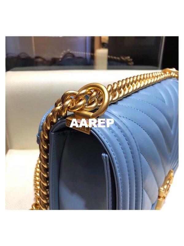 Replica Chanel Chevron Boy Flap Bag in Lambskin Light Blue Matte Gold Hardware 8