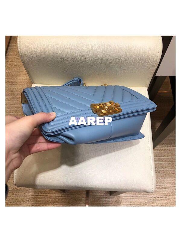 Replica Chanel Chevron Boy Flap Bag in Lambskin Light Blue Matte Gold Hardware 9