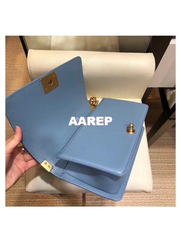 Replica Chanel Chevron Boy Flap Bag in Lambskin Light Blue Matte Gold Hardware 10