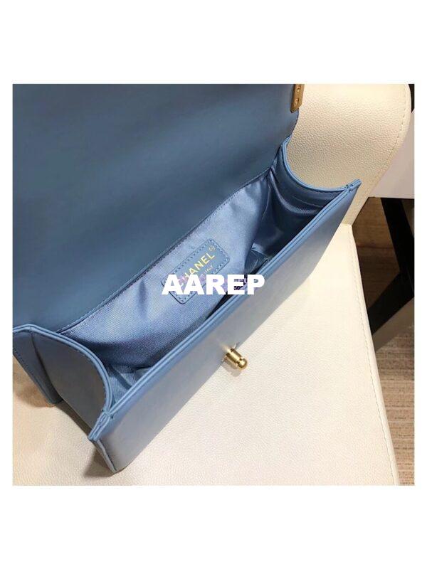 Replica Chanel Chevron Boy Flap Bag in Lambskin Light Blue Matte Gold Hardware 11