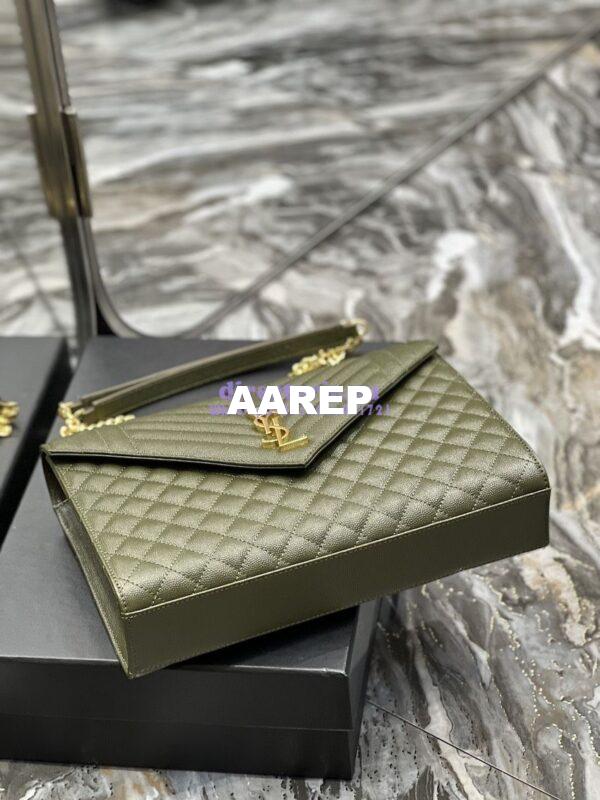 Replica YSL Saint Laurent Envelope Large Bag In Mix Matelasse Grain De Poudre Embossed Leather 487198 Olive Green with Gold Hardware 12