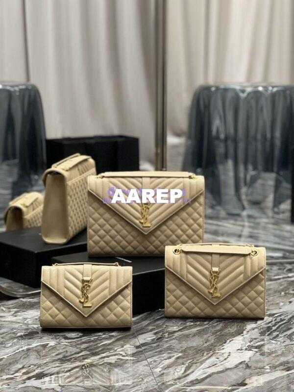 Replica YSL Saint Laurent Envelope Large Bag In Mix Matelasse Grain De Poudre Embossed Leather 487198 Beige with Gold Hardware