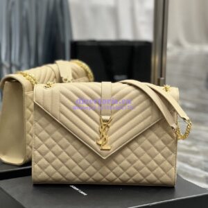 Replica YSL Saint Laurent Envelope Large Bag In Mix Matelasse Grain De Poudre Embossed Leather 487198 Beige with Gold Hardware 2