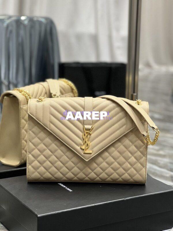 Replica YSL Saint Laurent Envelope Large Bag In Mix Matelasse Grain De Poudre Embossed Leather 487198 Beige with Gold Hardware 2