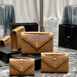 Replica YSL Saint Laurent Envelope Large Bag In Mix Matelasse Grain De Poudre Embossed Leather 487198 Caramel with Gold Hardware