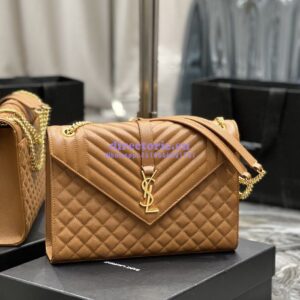 Replica YSL Saint Laurent Envelope Large Bag In Mix Matelasse Grain De Poudre Embossed Leather 487198 Caramel with Gold Hardware 2