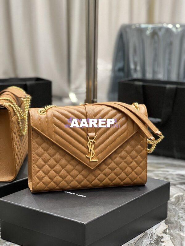 Replica YSL Saint Laurent Envelope Large Bag In Mix Matelasse Grain De Poudre Embossed Leather 487198 Caramel with Gold Hardware 2
