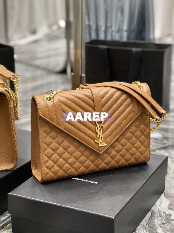 Replica YSL Saint Laurent Envelope Large Bag In Mix Matelasse Grain De Poudre Embossed Leather 487198 Caramel with Gold Hardware 3