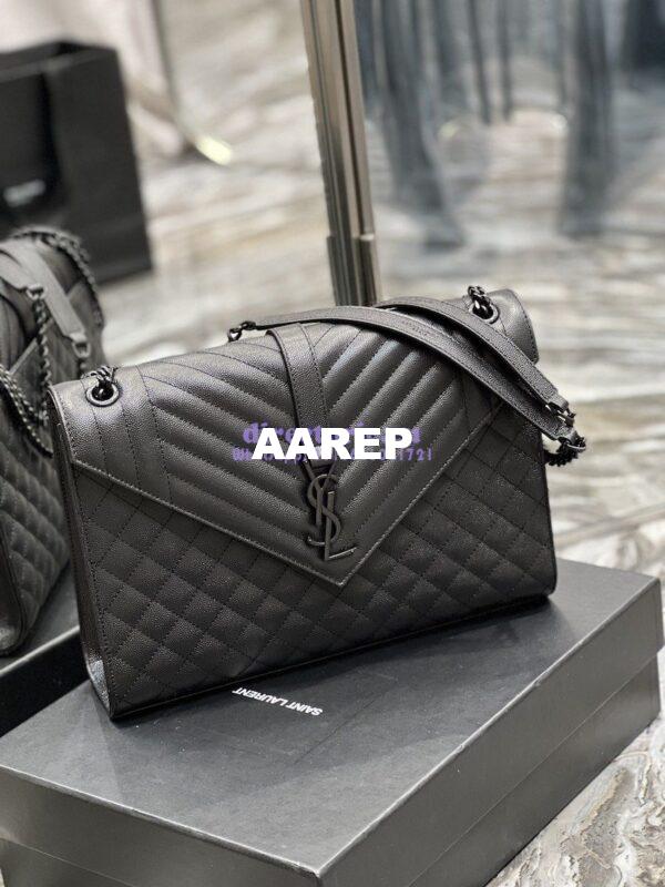 Replica YSL Saint Laurent Envelope Large Bag In Mix Matelasse Grain De Poudre Embossed Leather 487198 Black with Black Hardware 3