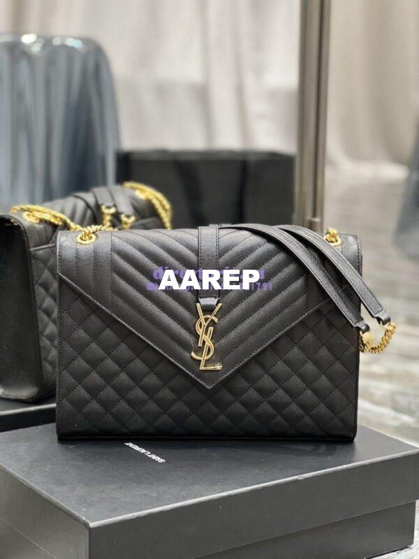 Replica YSL Saint Laurent Envelope Large Bag In Mix Matelasse Grain De Poudre Embossed Leather 487198 Black with Gold Hardware 4
