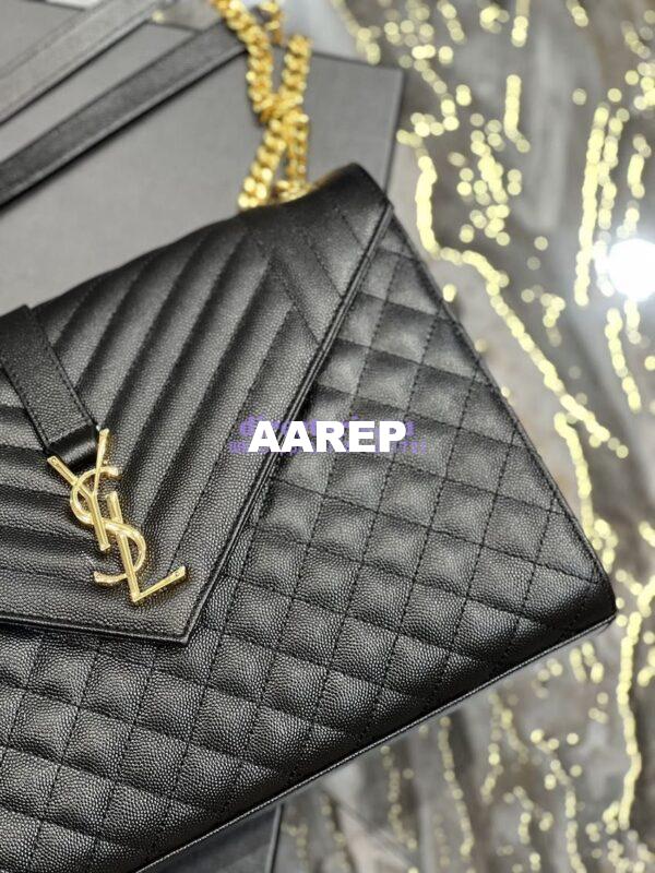 Replica YSL Saint Laurent Envelope Large Bag In Mix Matelasse Grain De Poudre Embossed Leather 487198 Black with Gold Hardware 9