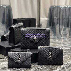 Replica YSL Saint Laurent Envelope Large Bag In Mix Matelasse Grain De Poudre Embossed Leather 487198 Black with Silver Hardware