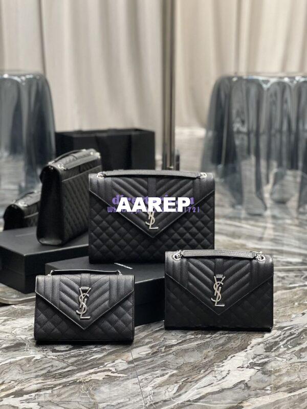 Replica YSL Saint Laurent Envelope Large Bag In Mix Matelasse Grain De Poudre Embossed Leather 487198 Black with Silver Hardware 3