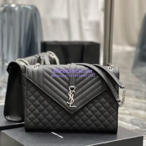 Replica YSL Saint Laurent Envelope Large Bag In Mix Matelasse Grain De Poudre Embossed Leather 487198 Black with Silver Hardware 2