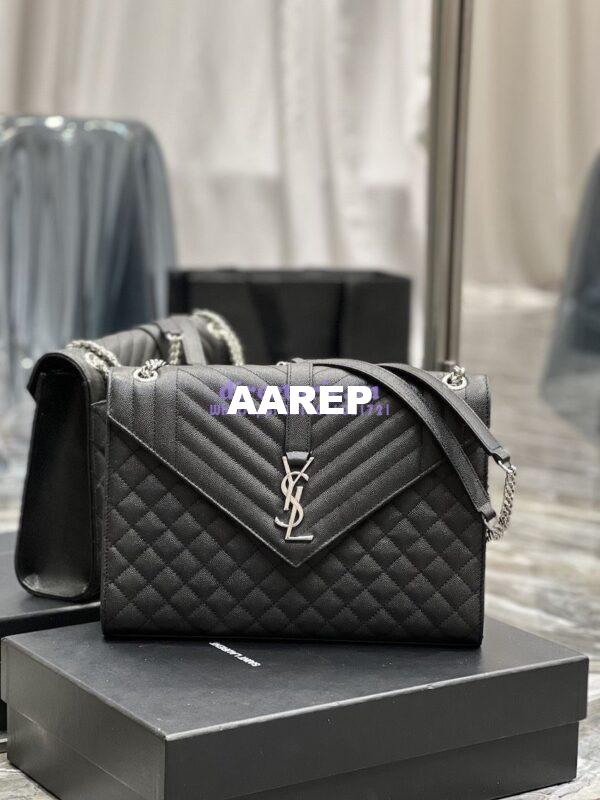 Replica YSL Saint Laurent Envelope Large Bag In Mix Matelasse Grain De Poudre Embossed Leather 487198 Black with Silver Hardware 4