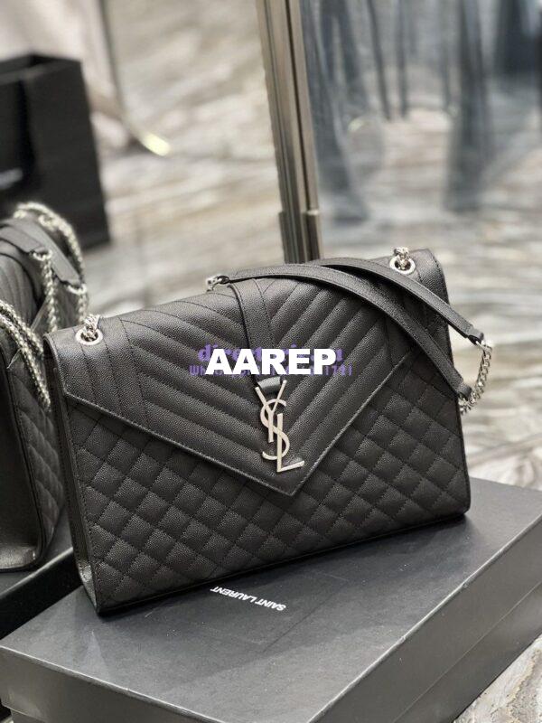 Replica YSL Saint Laurent Envelope Large Bag In Mix Matelasse Grain De Poudre Embossed Leather 487198 Black with Silver Hardware 5