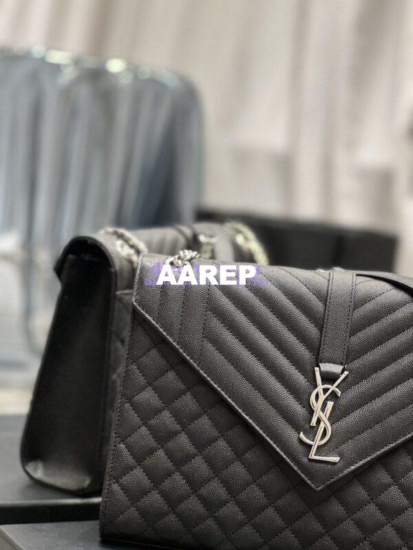 Replica YSL Saint Laurent Envelope Large Bag In Mix Matelasse Grain De Poudre Embossed Leather 487198 Black with Silver Hardware 6