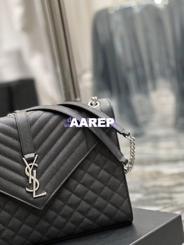 Replica YSL Saint Laurent Envelope Large Bag In Mix Matelasse Grain De Poudre Embossed Leather 487198 Black with Silver Hardware 7
