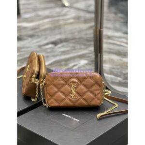 Replica Saint Laurent YSL Becky Double-Zip Pouch in Quilted Lambskin 608941 Caramel 2
