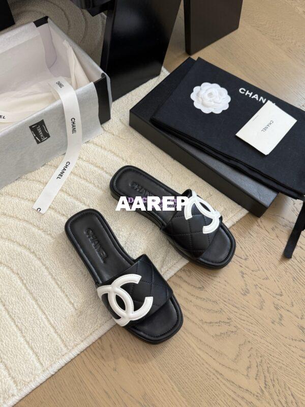 Replica Chanel Vintage CC Quilted Cambon Slide Sandals in Black and White Leather 3