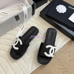 Replica Chanel Vintage CC Quilted Cambon Slide Sandals in Black and White Leather 2