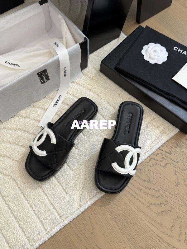 Replica Chanel Vintage CC Quilted Cambon Slide Sandals in Black and White Leather 4