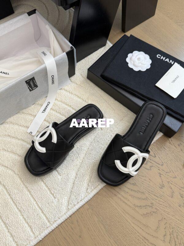 Replica Chanel Vintage CC Quilted Cambon Slide Sandals in Black and White Leather 5