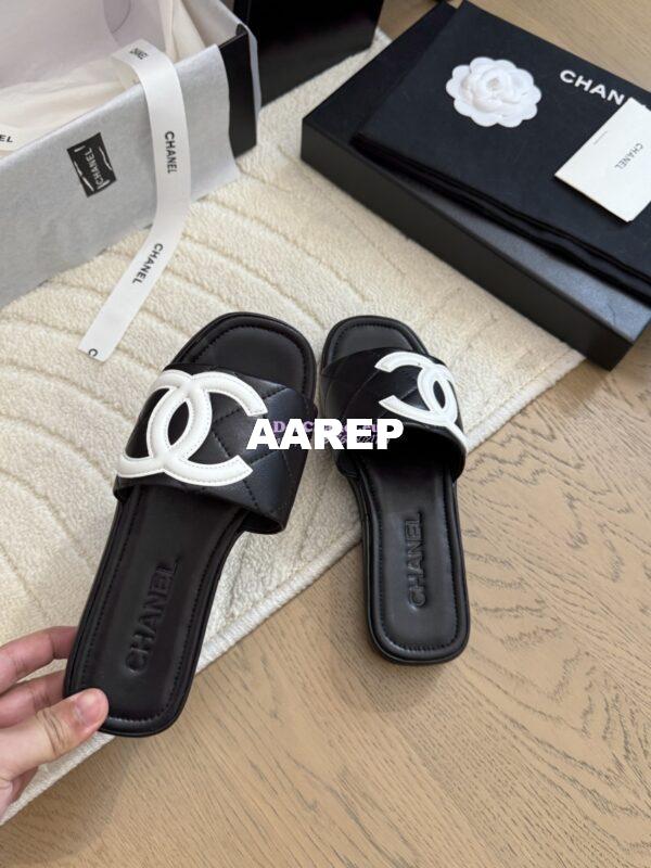 Replica Chanel Vintage CC Quilted Cambon Slide Sandals in Black and White Leather 6
