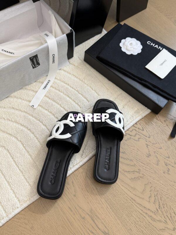 Replica Chanel Vintage CC Quilted Cambon Slide Sandals in Black and White Leather 8