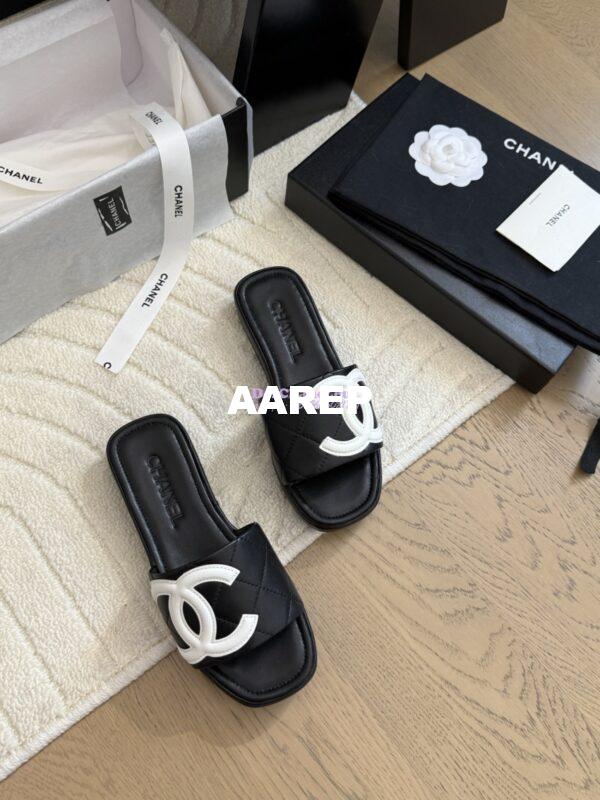 Replica Chanel Vintage CC Quilted Cambon Slide Sandals in Black and White Leather 9