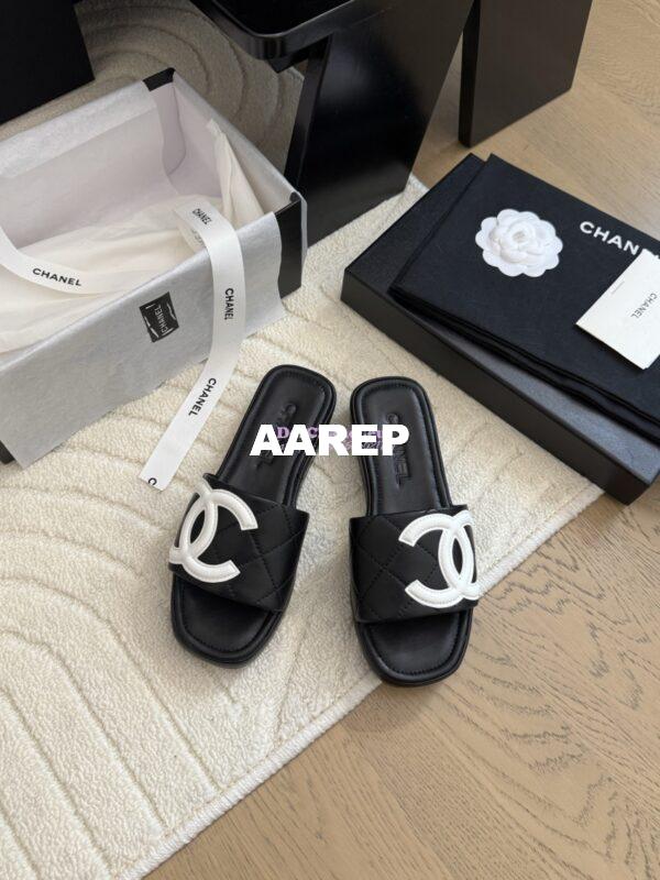 Replica Chanel Vintage CC Quilted Cambon Slide Sandals in Black and White Leather 10
