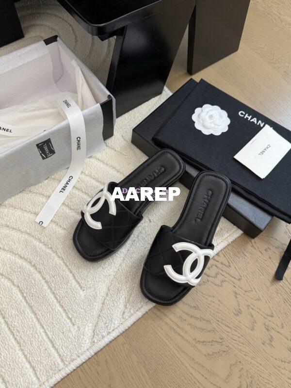 Replica Chanel Vintage CC Quilted Cambon Slide Sandals in Black and White Leather 11